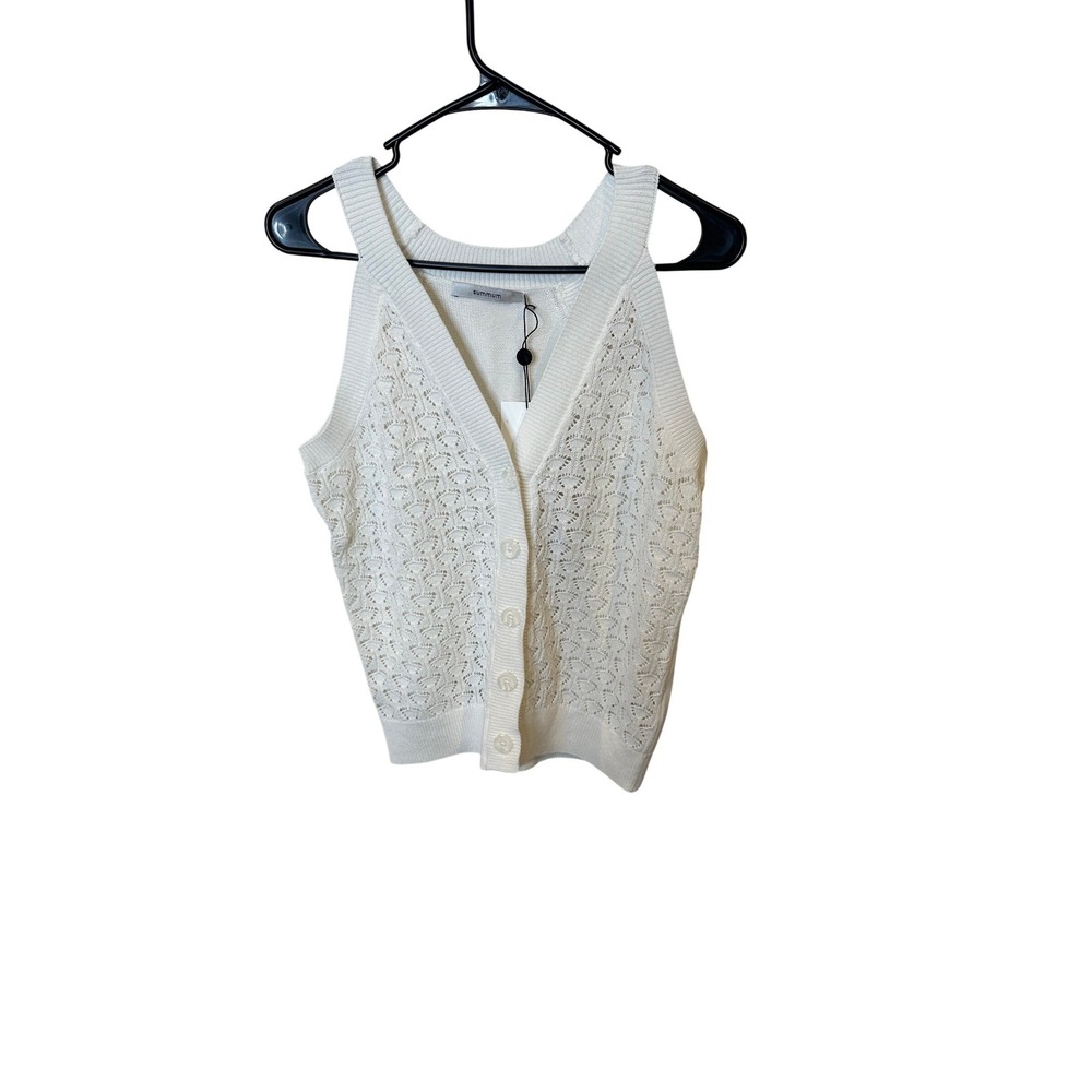 Summum Woman Crochet Top White Cotton Knit Button Front Vest Size M NEW